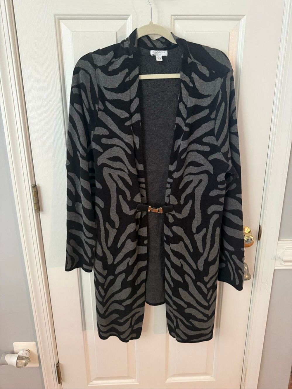 Charter Club Gray & Black Animal Print Silver Buckle Closure Long Cardigan s Xl